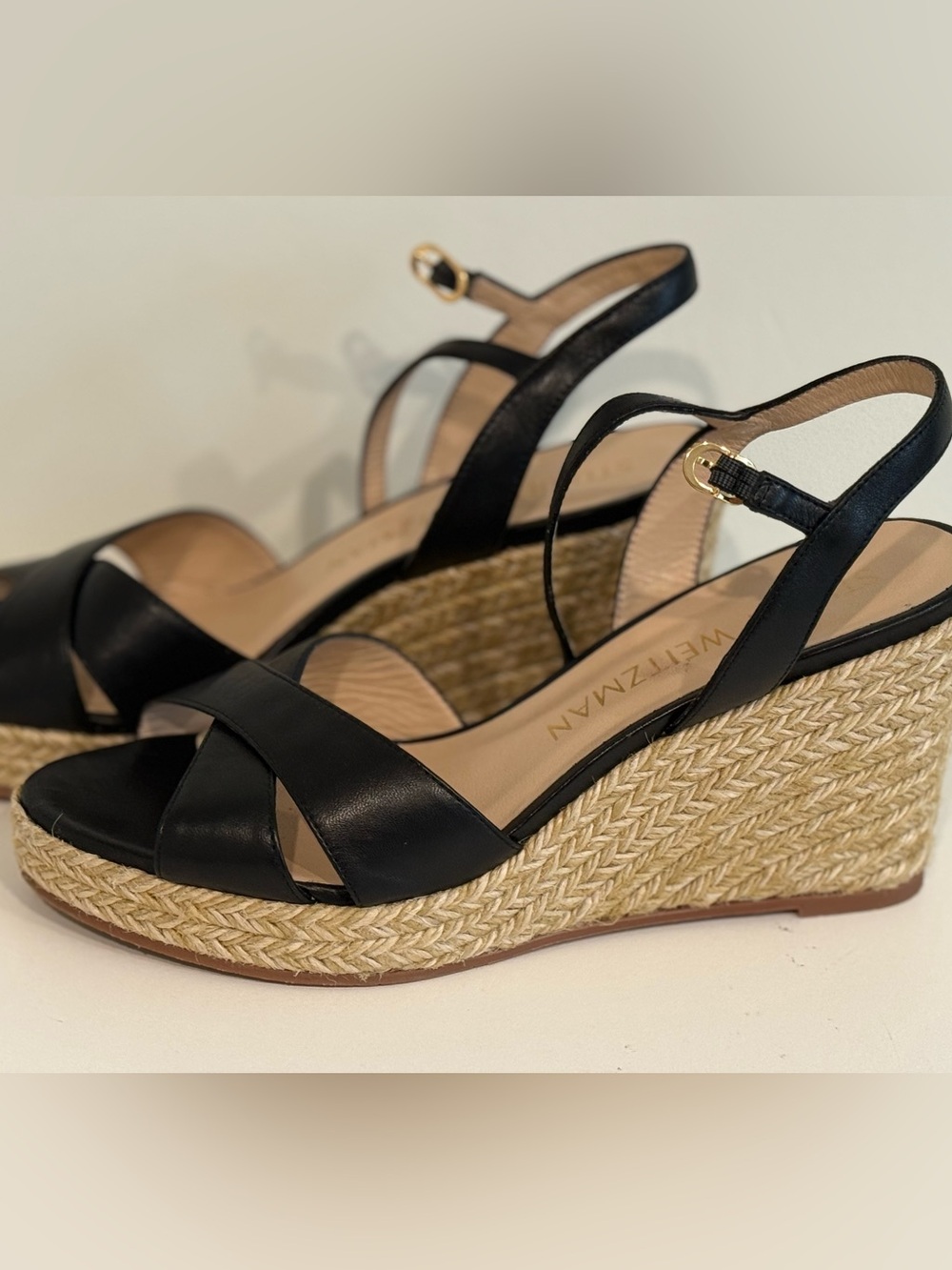 Stuart Weitzman Black leather Espadrille Rosemarie wedge Sandal 39.5 / 9.5